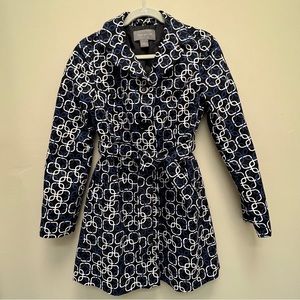 Ann Taylor Factory Geometric Belted Trench Coat Black w/ Blue and White Size XS